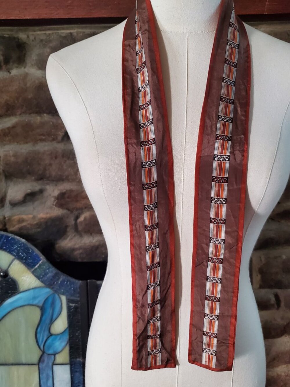 Vtg Oscar De La Renta 100% Silk Scarf Retro Geometric Brown Stripe Japan 46x2